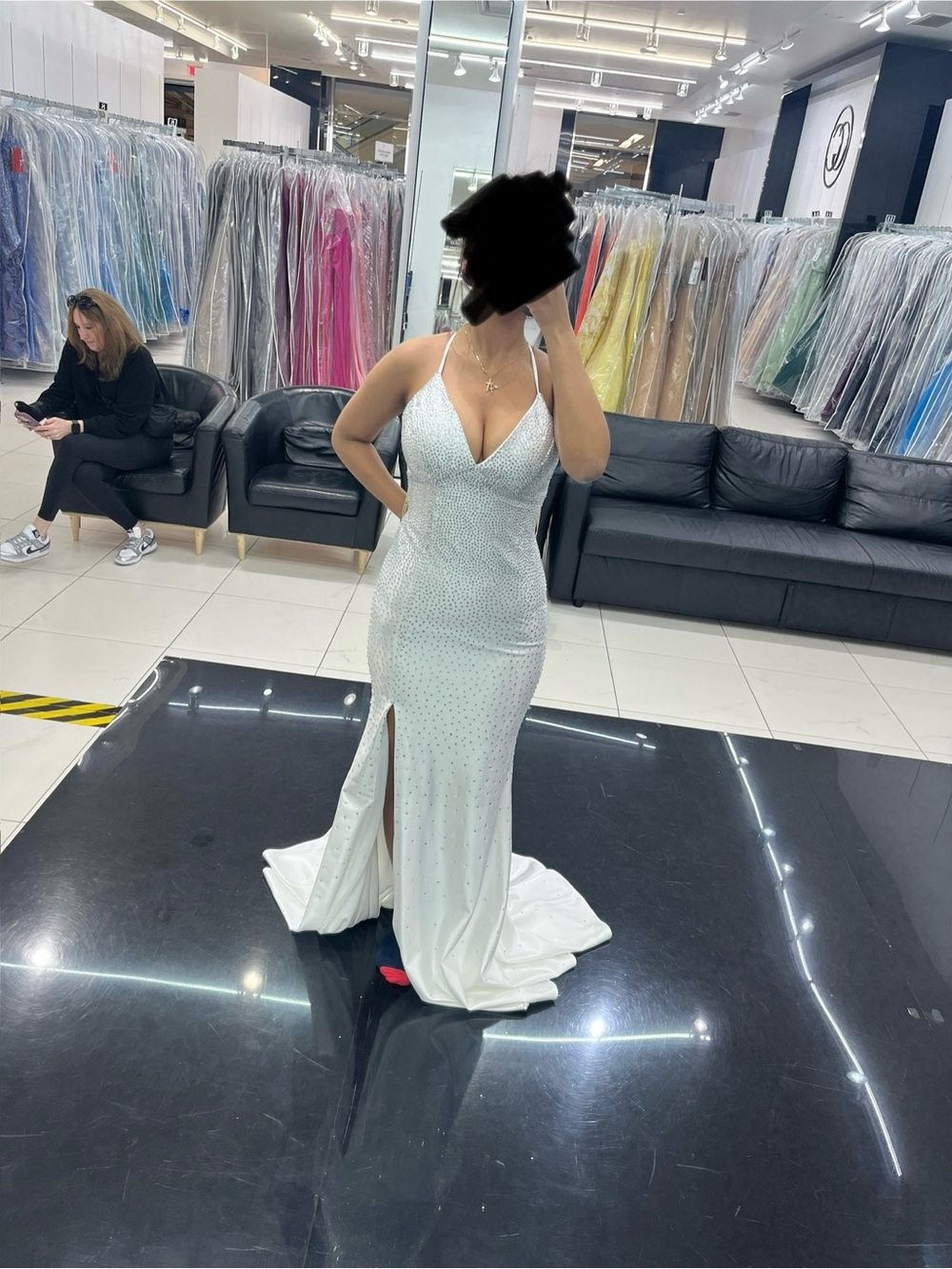 Sleeveless White Crystal-Embellished formal Gown with Front Slit
